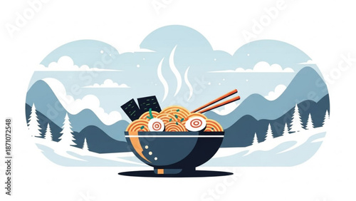 Steaming bowl of noodles with chopsticks and dumplings against a scenic mountain landscape with snow covered trees and cloudy sky with art