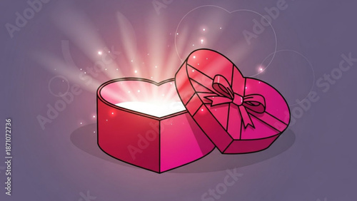 A brightly lit open heart shaped gift box with a bow on the lid against a purple background with sparkles and rays of light with valentine
