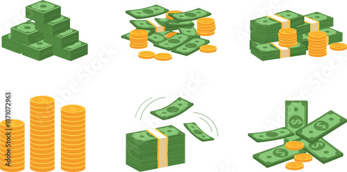 Money cash vector set with stacks of banknotes and coins, finance wealth icons in flat modern illustration style isolated on white background