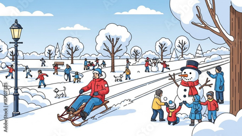 A vibrant winter scene of people enjoying snow day in park with snowman and sledding with outdoor and fun and activities with holiday