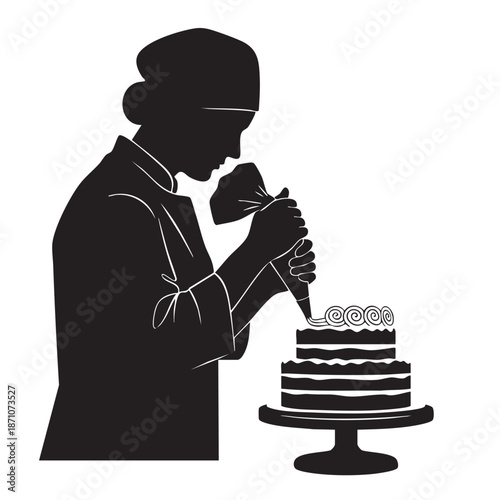 Silhouette of a chef decorating a multi-tiered cake with piping bag, standing against a pristine white background, showcasing culinary skill and artistic dessert creation