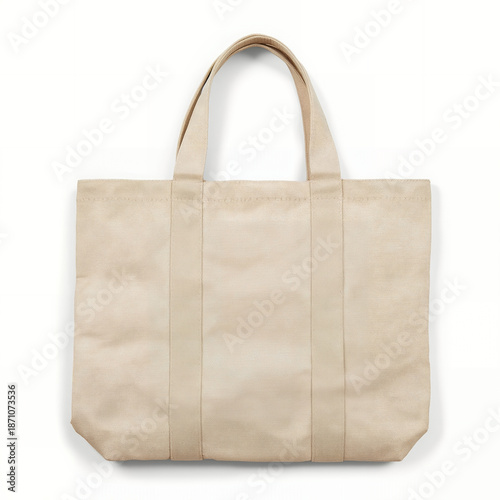Blank Beige Canvas Tote Bag Mockup Isolated on White - Eco-Friendly Reusable Cotton Shopping Bag Flat Lay for Design Branding