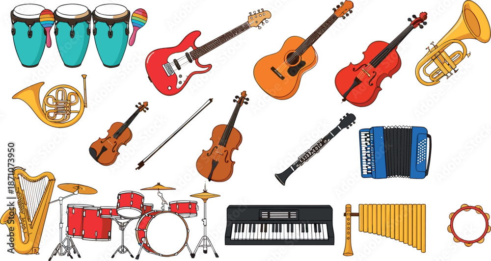 Obraz premium Musical instruments vector set with guitar, piano, drums, violin, trumpet and percussion icons in colorful flat cartoon illustration style isolated on white background