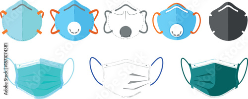 Protective face mask vector set with medical respirators, disposable surgical masks and safety equipment icons in flat modern illustration style isolated on white background