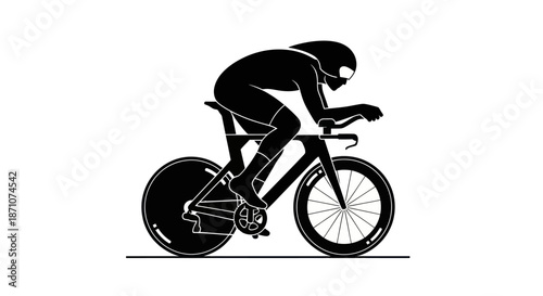 Silhouette of a cyclist in aerodynamic racing posture on a time trial bicycle.