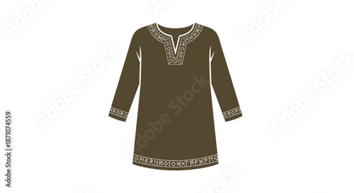 Olive Green Embroidered Long-Sleeved Tunic Dress Illustration.
