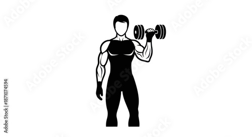 Muscular Man Silhouette Lifting Heavy Dumbbell for Strength Training Workout.