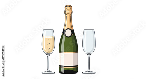 Elegant Champagne Bottle and Flute Glasses Illustration.