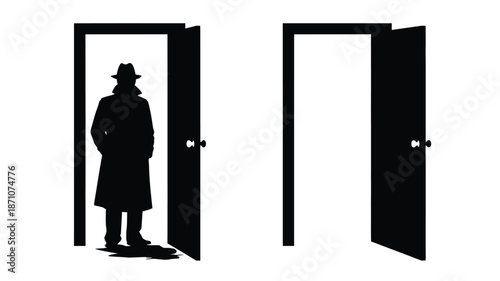 A silhouetted figure stands before two open doorways contemplating a choice