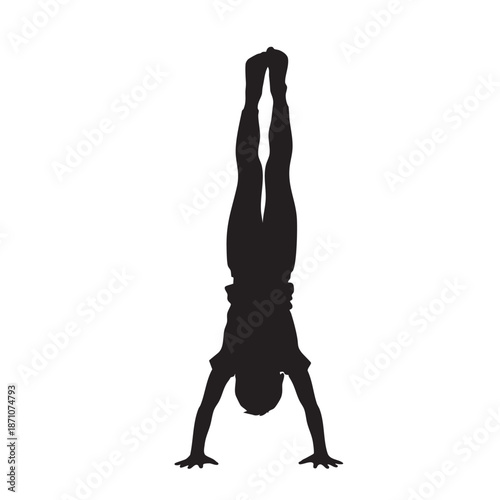 Handstand silhouette child practicing gymnastics vector illustration black outline isolated white background young person performing acrobatic pose physical activity.