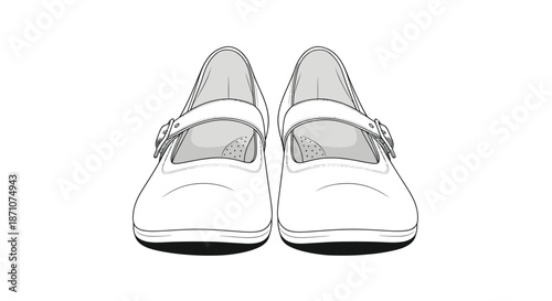 Pair of classic Mary Jane shoes with buckles front view line art.