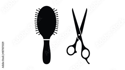 A simple illustration featuring a hairbrush and a pair of scissors