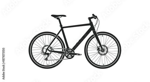 Sleek Black Hybrid Bicycle with Disc Brakes and Upright Handlebars.