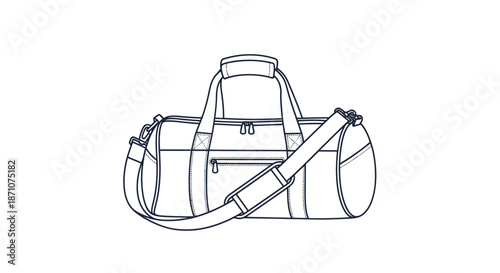 Classic cylindrical duffel bag with handles and shoulder strap presented as a simple line art illustration.