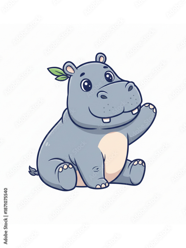 Fototapeta premium Cartoon hippopotamus sitting and waving on a white background. 