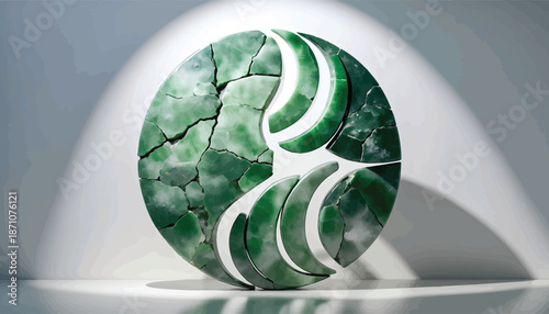 Abstract green circular sculpture with intricate patterns and glowing elements.