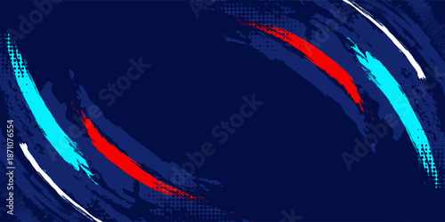 Dark blue abstract background featuring expressive red and cyan paint brush strokes with halftone dot textures and a street-style aesthetic