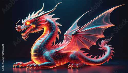 Vibrant glowing dragon with intricate scales and majestic wings.