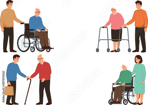 Senior care and assistance vector set with elderly people using wheelchair, walker and receiving help from caregivers in flat modern illustration style isolated on white background