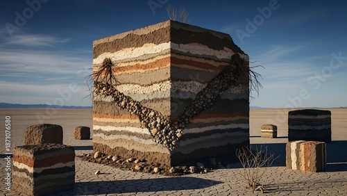 Large striped rock formation in desert.