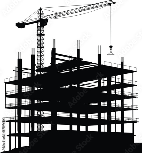 Construction building silhouette, crane tower structure, under construction site, architecture steel frame design, industrial urban development vector illustration graphic