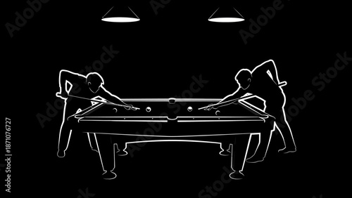 Action-Pool Game, Players, Billiards Hall, Illustration, Dark Setting