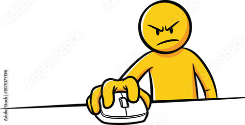 Angry Yellow Stick Figure Man Frustrated with Computer Mouse.