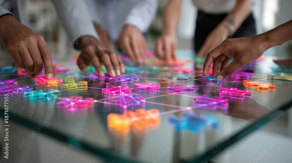 Fototapeta premium Hands of diverse people playing colorful glowing tic tac toe game on glass table, engaging in fun and strategic activity together