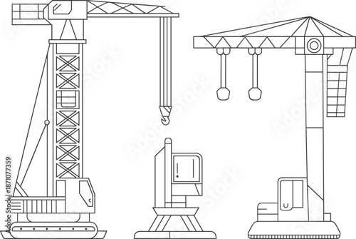 Construction crane silhouettes vector illustration, heavy machinery outline set, building equipment, industrial cranes and hoist machines for engineering design