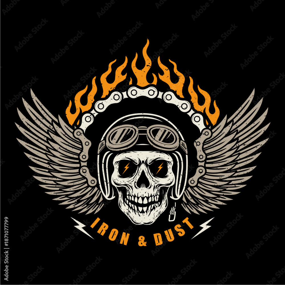 Fototapeta premium Vintage Biker Skull with Helmet, Wings, and Flames – Iron & Dust Motorcycle Emblem