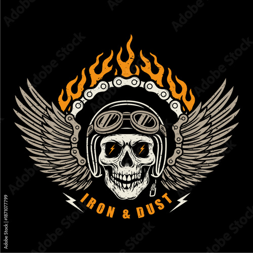 Vintage Biker Skull with Helmet, Wings, and Flames – Iron & Dust Motorcycle Emblem