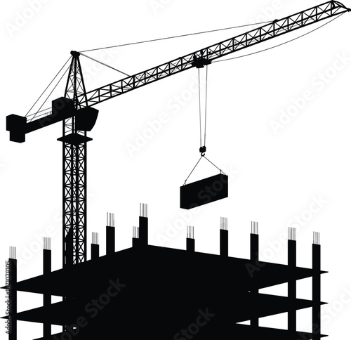 Construction site crane lifting heavy concrete block, high rise building under construction, tower crane silhouette, urban development, industrial engineering structure
