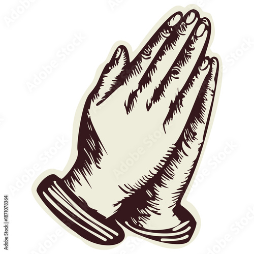 Praying hands illuminated lettering for family bible cover. Hand drawn black and white christian religious clip art. For bible journaling sticker, biblical book reading group motif or prayer request 