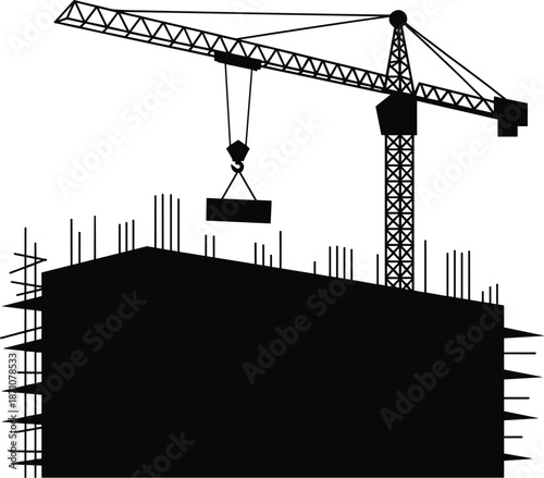 Construction site silhouette with tower crane lifting building material, unfinished building, steel rods, heavy machinery, industrial construction, safety, infrastructure development