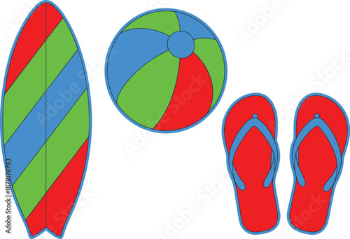 Summer beach elements illustration surfboard beach ball and flip flops seaside vacation objects isolated white background vector set