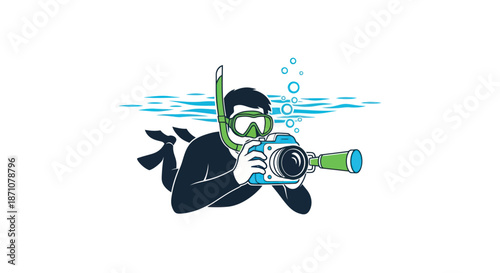 Underwater Photographer with Camera and Snorkel in Ocean.