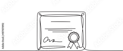 Continuous single line drawn, certificate or diploma with award badge. one line Art icon drawing vector