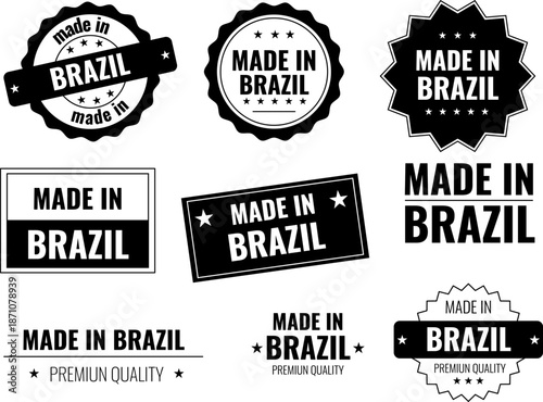 Set of made in Brazil labels showing symbols for products from Brazil with clear text and distinct designs
