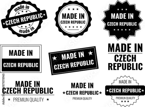 Designs of made in Czech Republic labels and icons for products showing origin and quality