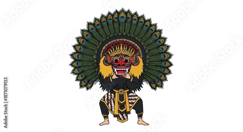 Barong Masked Figure with Peacock Feather Headdress Balinese Traditional Art.