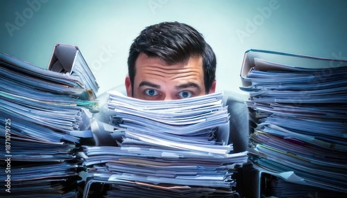 Overwhelmed man peeking over stacks of paperwork, feeling stressed.
