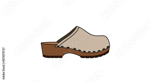 A simple light-colored clog shoe with a wooden sole.