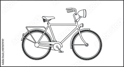 Classic black and white line art drawing of a vintage bicycle with a headlight and rear rack.