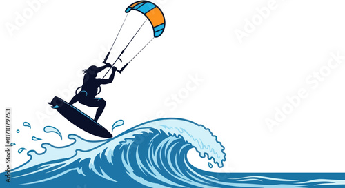 Silhouette of a Kitesurfer Jumping Over a Wave.