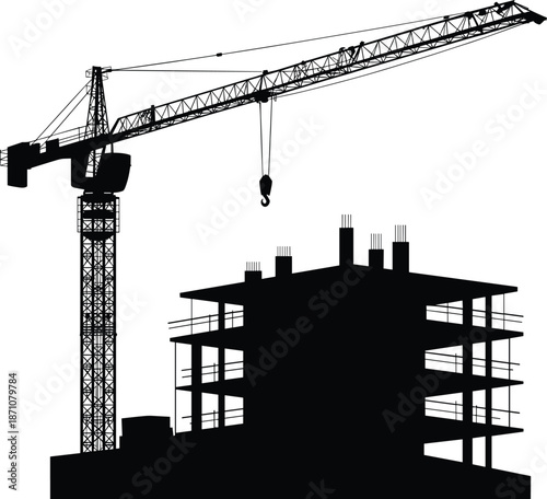 Construction site with tower crane lifting materials, unfinished building structure, black silhouette vector illustration, urban development, architecture, industrial design elements.