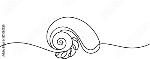 One continuous single-line drawing of a seashell. One-line art of beauty product pearl minimalist, one line Art icon drawing vector
