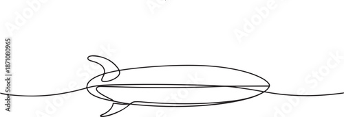 surfboard continuous one line drawing, Continuous one line drawing of surfing longboard design. one line Art icon drawing vector