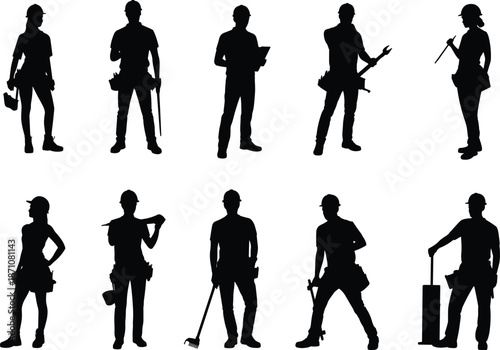 Construction worker silhouettes with tools, male and female workers, safety helmets, diverse poses, work equipment, black vector illustration, labor force, industrial safety concept