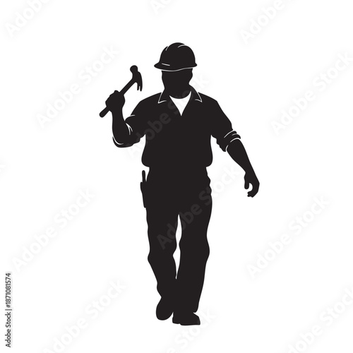 Silhouette of a construction worker confidently holding a hammer, ready for action, embodying diligence and skilled craftsmanship