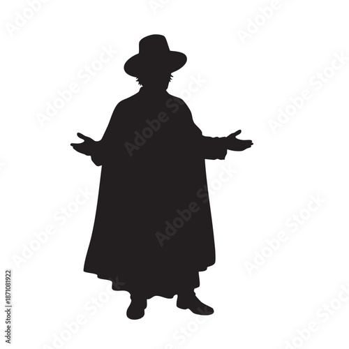 Silhouette of a man in a wide-brimmed hat and flowing cloak, standing with open arms in a welcoming or questioning gesture